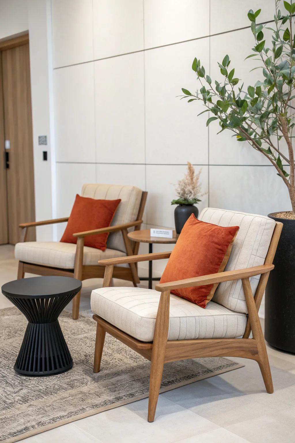 Two matching oak lounge chairs turn a reception corner into an intentional, cozy welcome.