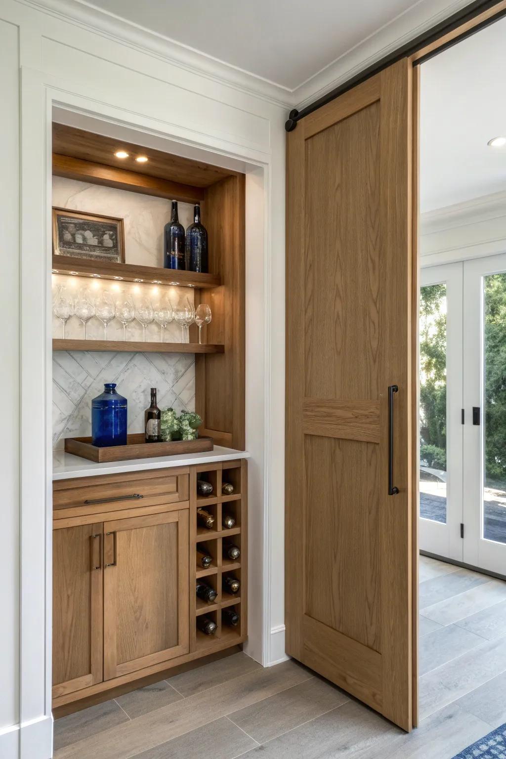 A hidden recessed bar behind pocket doors—clean wall by day, magic hosting moment by night.