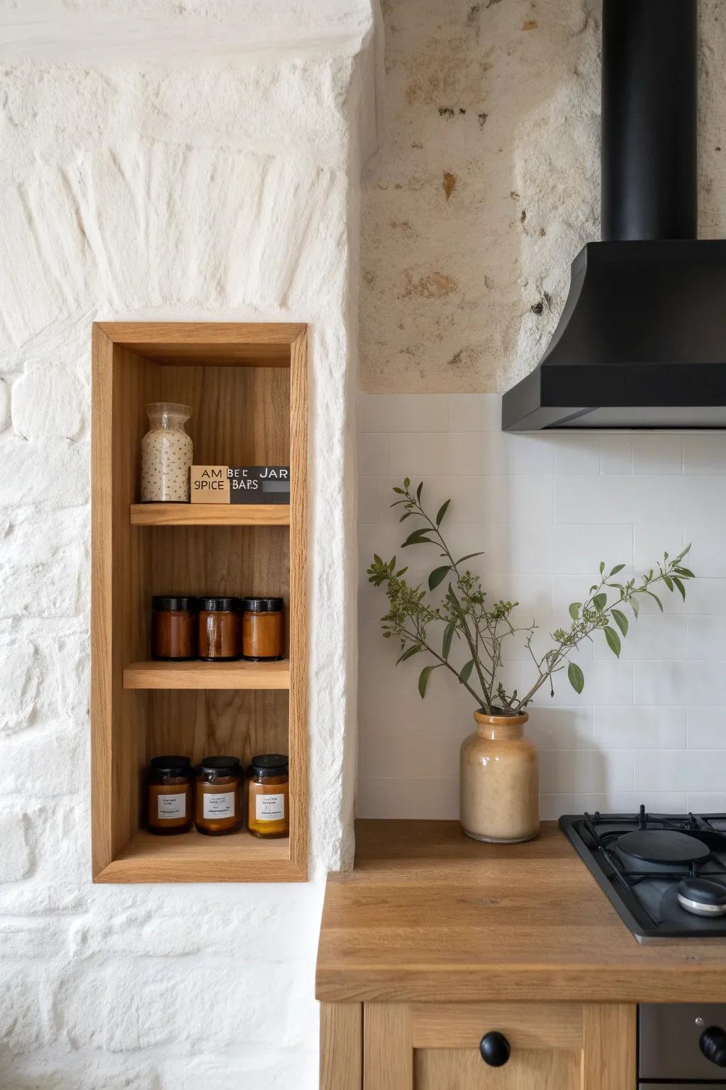 A slim oak spice niche by the stove—minimal, handcrafted, and always within reach.