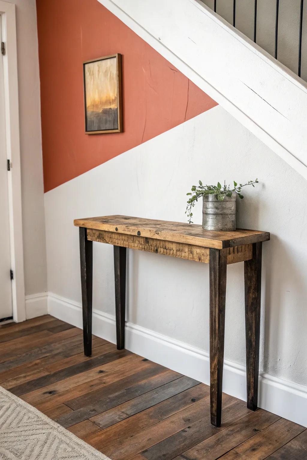 Skinny reclaimed wood console table—weathered top, minimalist base, big entryway impact.