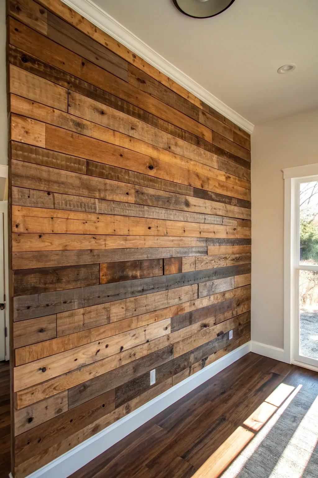 A reclaimed wood statement wall—minimal surroundings, bold grain, and instant dining-room drama.