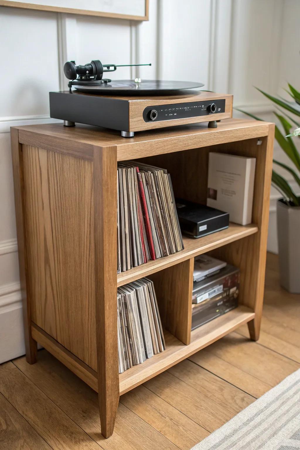 Open-shelf stand with a slim component slot and sturdy hardwood edges for heavy vinyl.