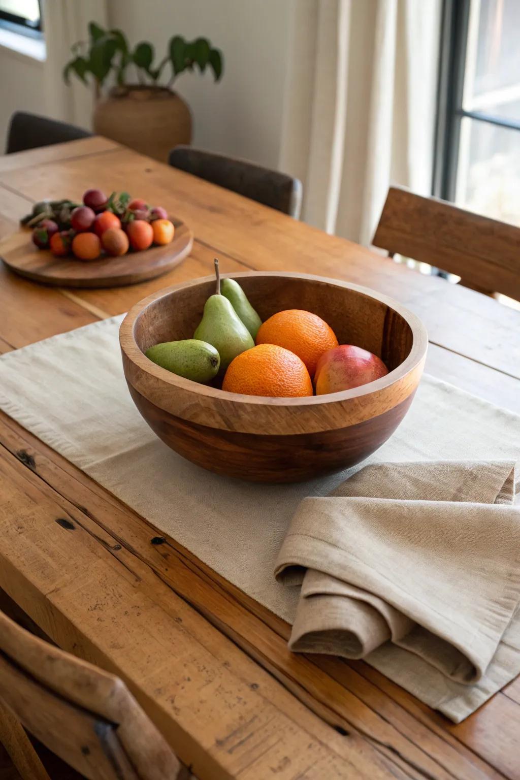 A low wooden bowl centerpiece that keeps sightlines open—and holds fruit, napkins, real life.