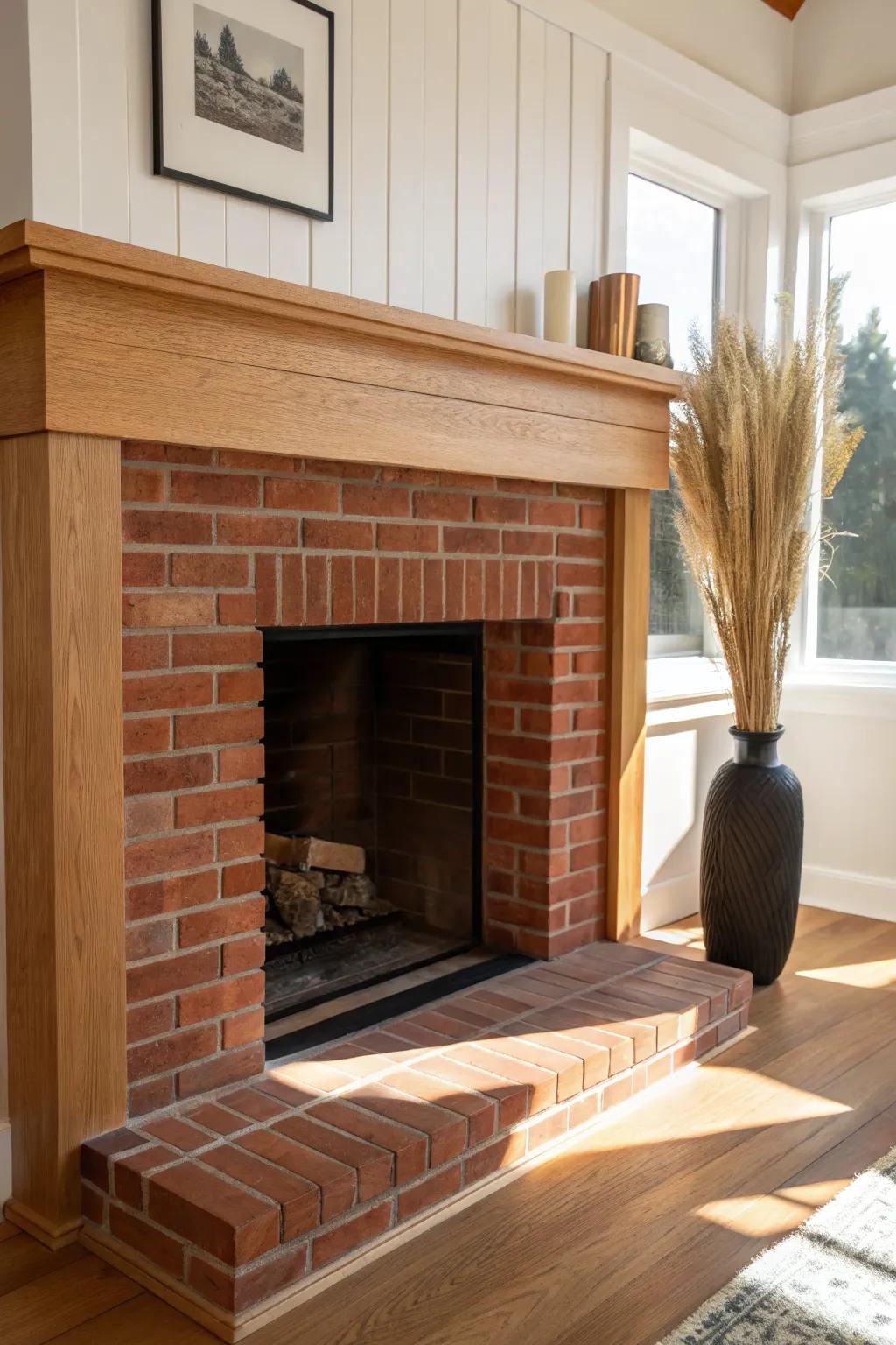 Crisp white oak trim and a tailored mantel make red brick feel modern—no brick makeover needed.