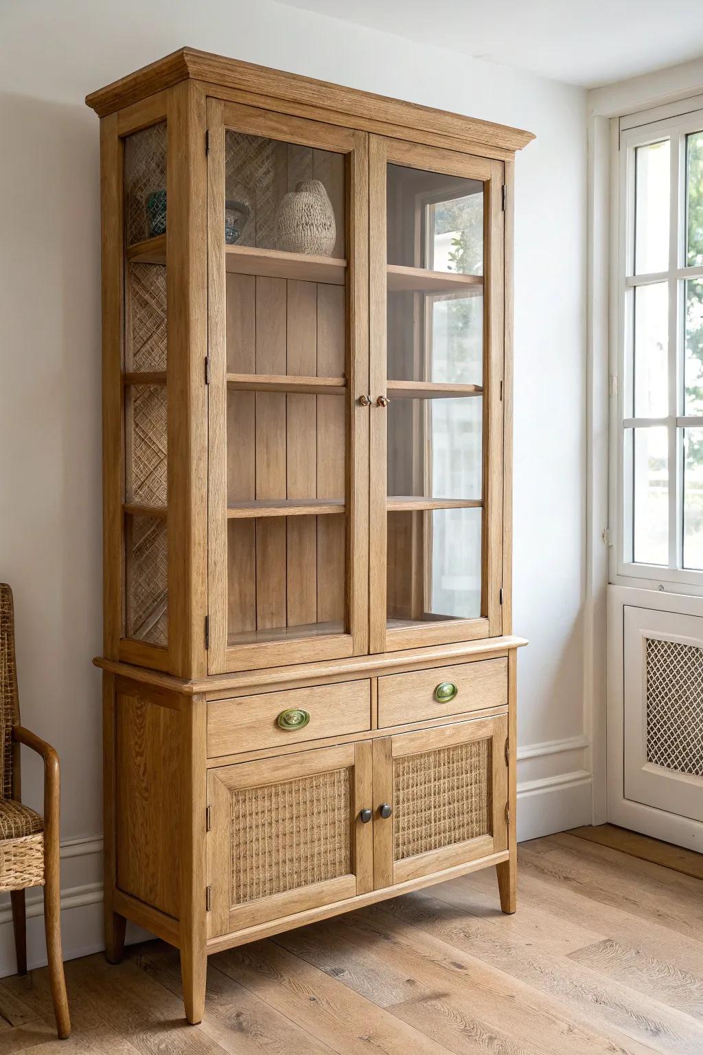 Strip it back: natural wood grain + a low-sheen clear coat for a fresh, relaxed cabinet glow.