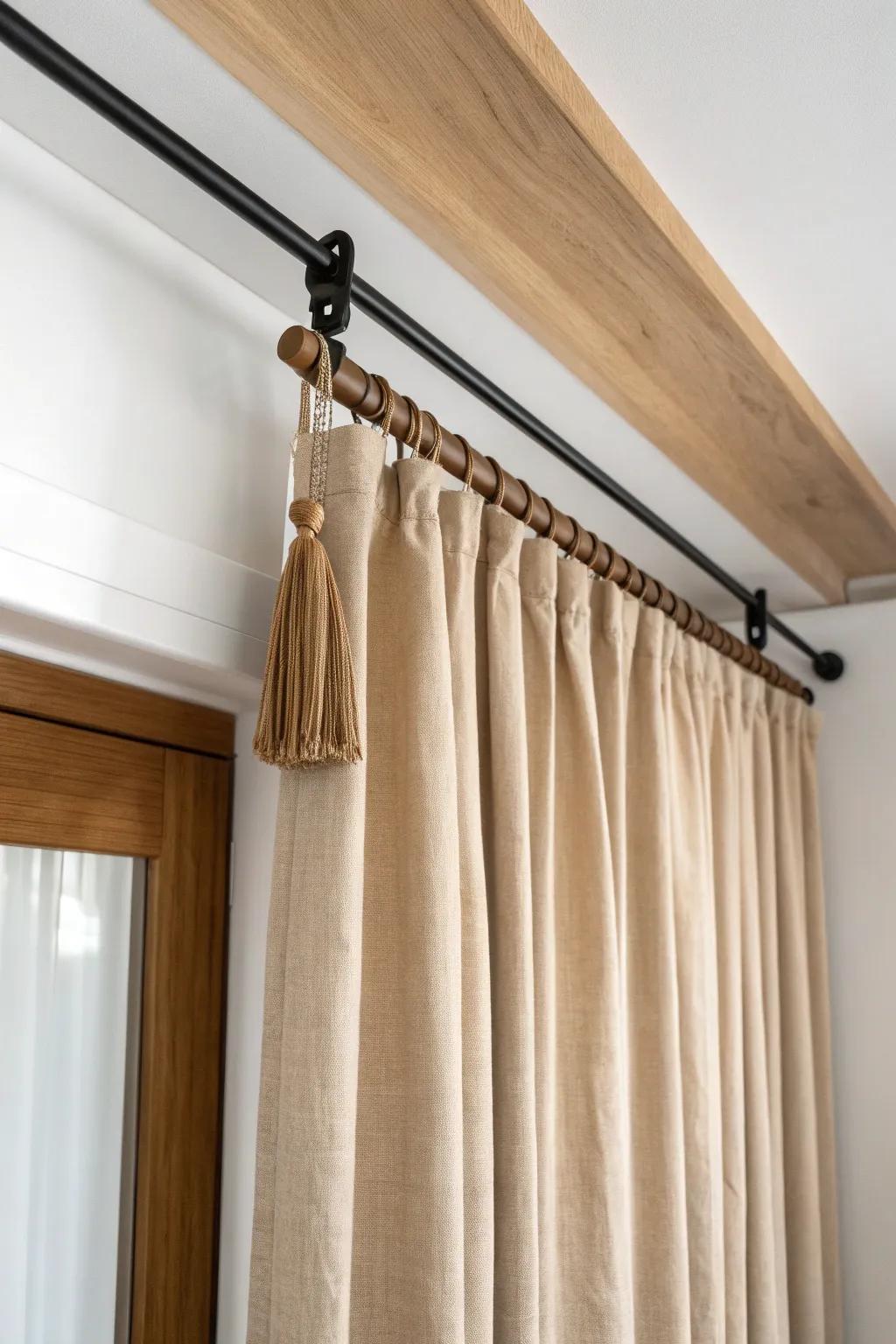 Ceiling-mounted curtain track: a soft, seamless “door” that hides old holes beautifully.