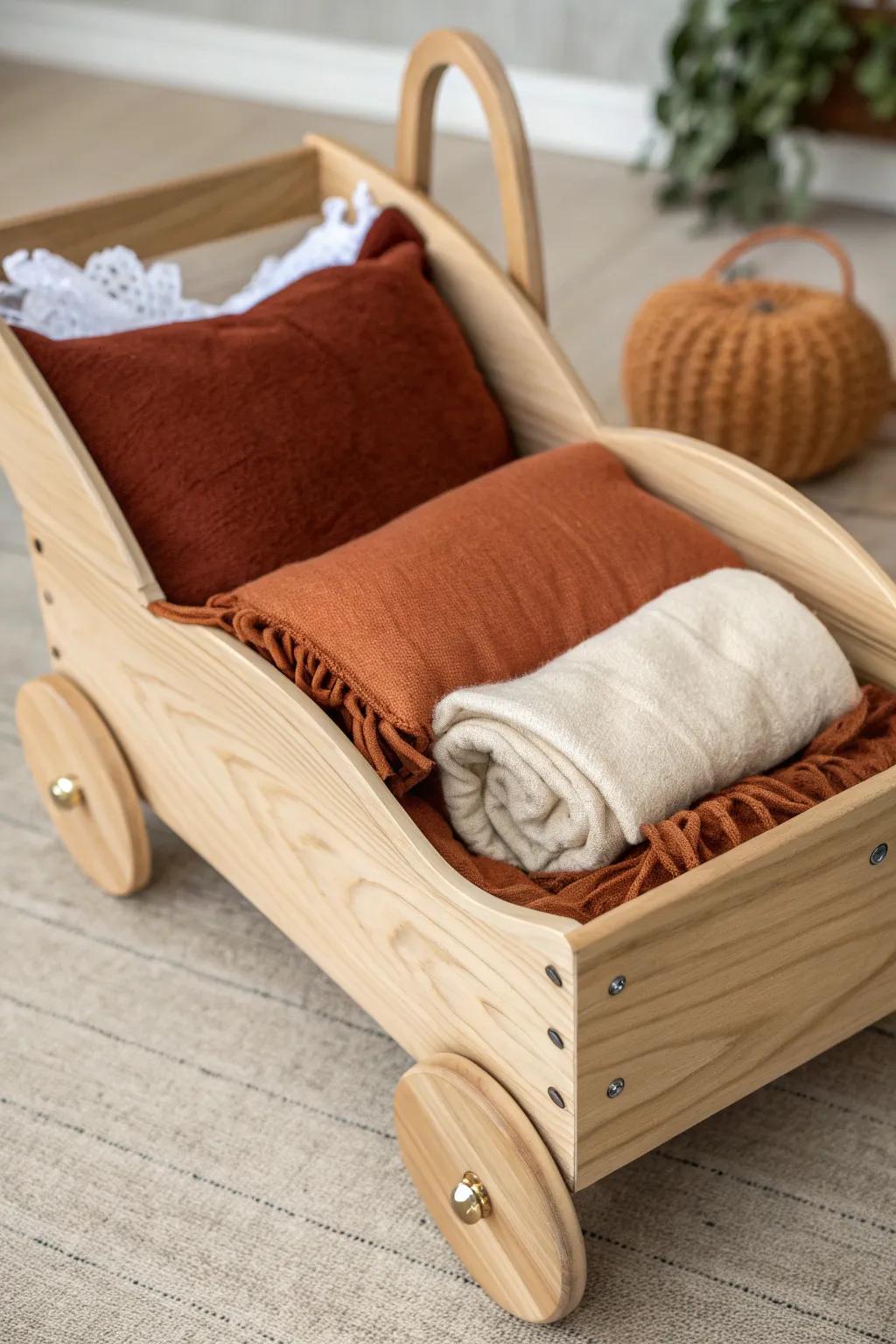 A ring bearer wagon turned into a cozy pillow-and-blanket nest—secure, soft, and photo-ready.