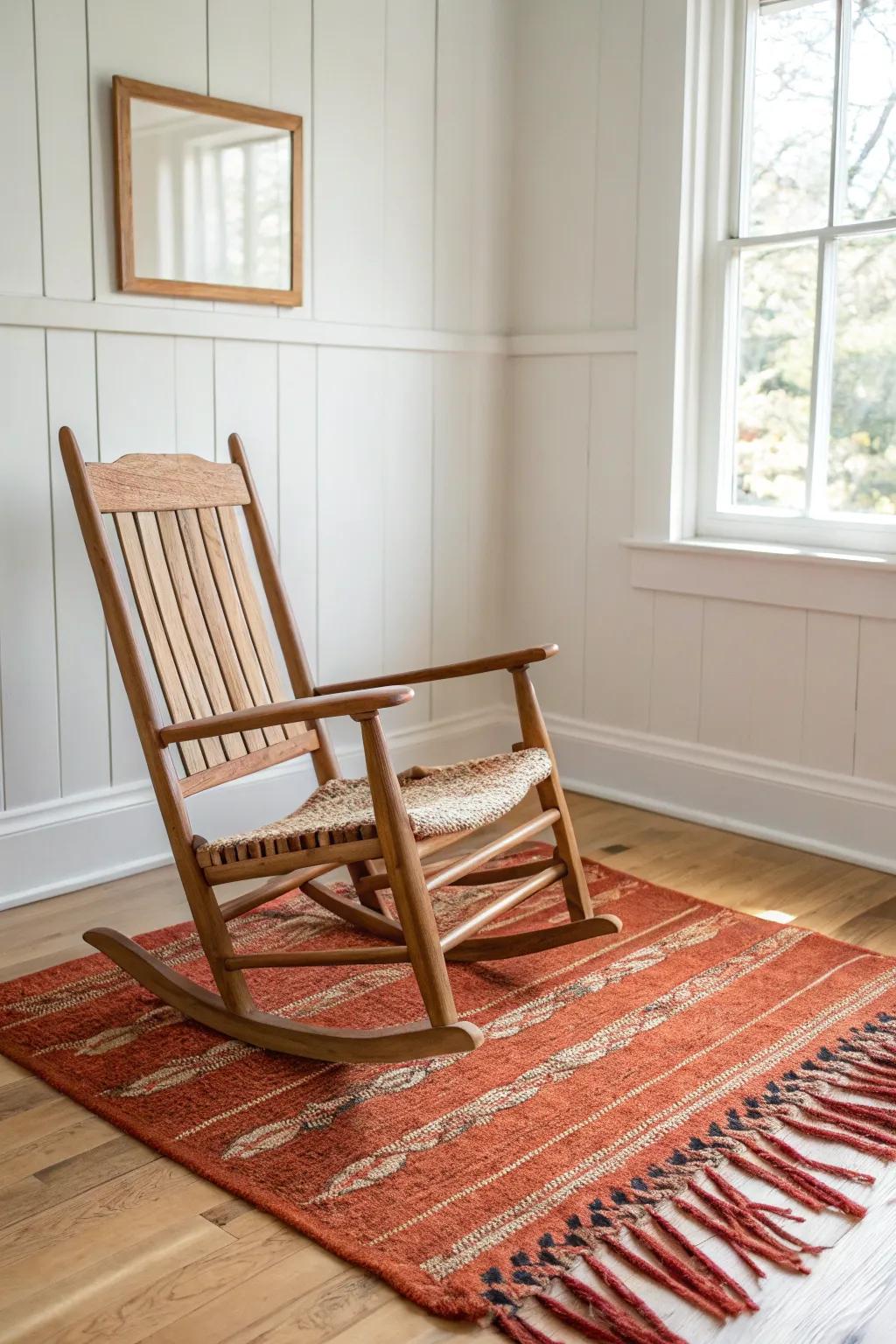 Ground your rocking chair: place it fully on a bold rug for an instantly finished corner.