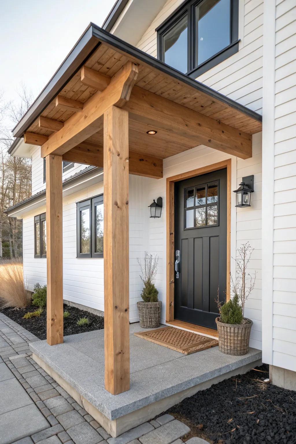 A sturdy post-and-beam mini porch roof that adds warmth, coverage, and timeless curb appeal.