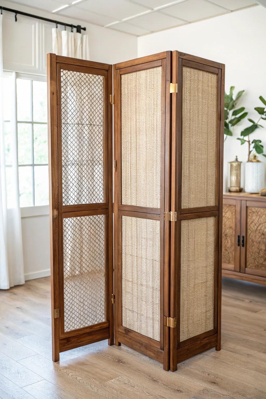 Thrifted folding screen refinished in warm stain—instant privacy with sculptural wood charm.