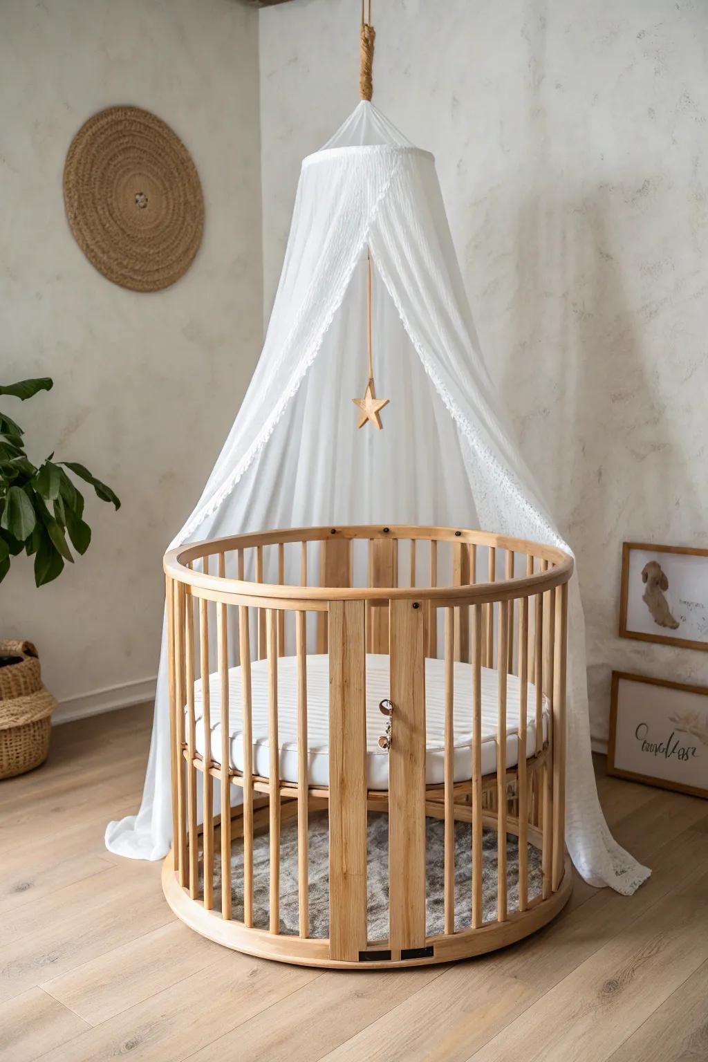 A sheer canopy above a round oak crib adds height, softness, and dreamy Scandinavian charm.
