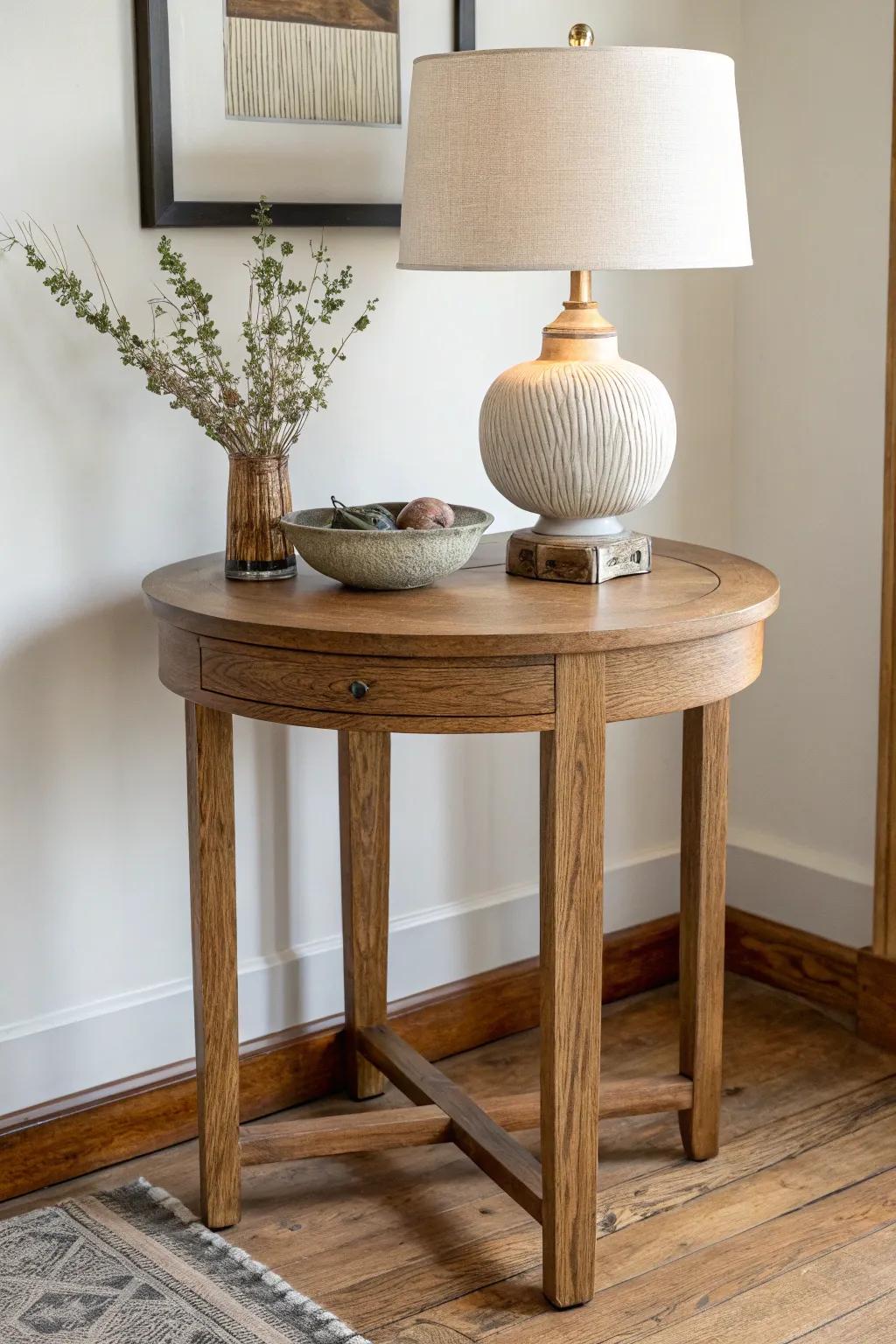 Round entryway table: warm lamp glow + a chic catchall bowl for keys, always tidy.