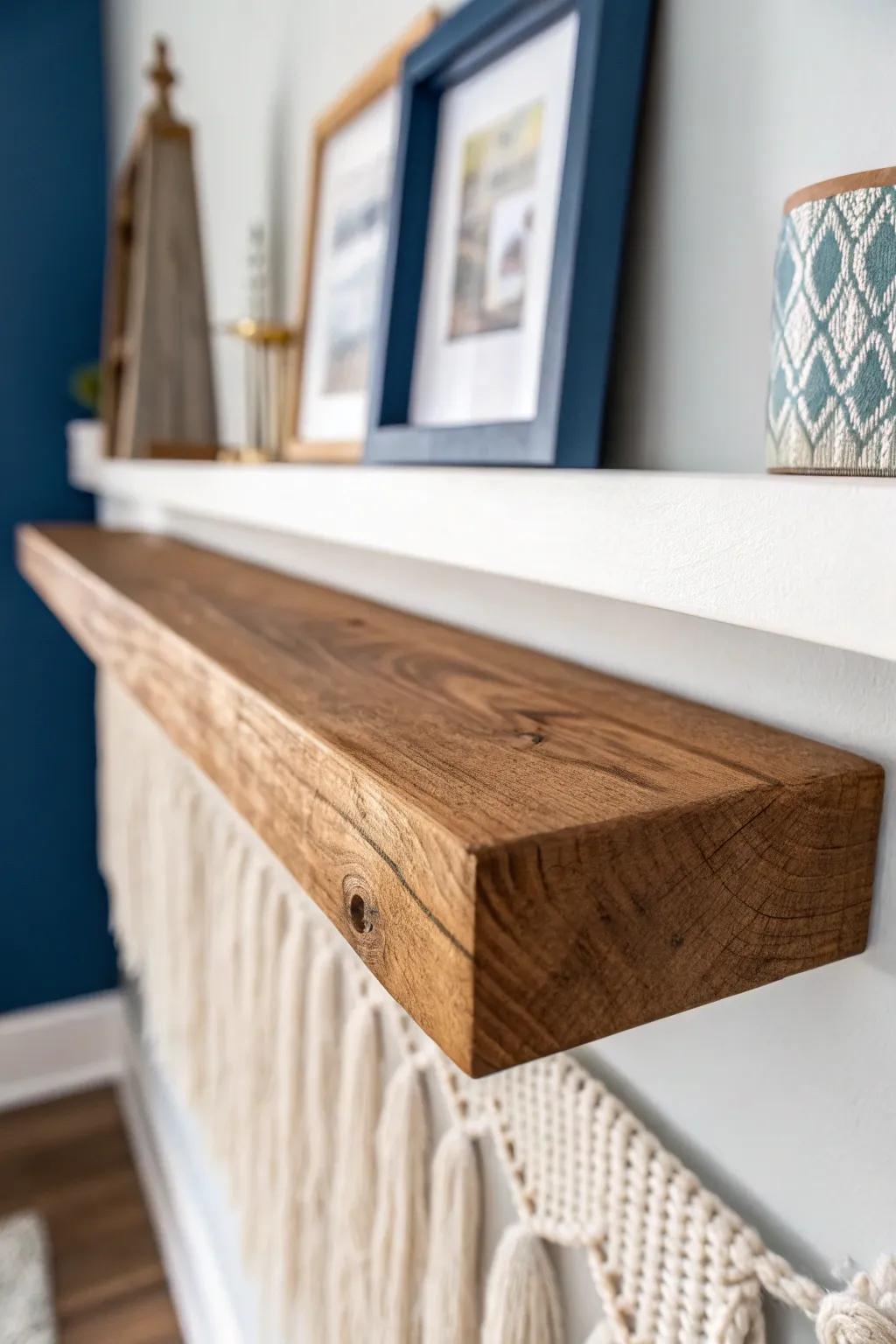 Chunky floating wood shelf with rounded corners—rustic storage that keeps a baby boy nursery serene.