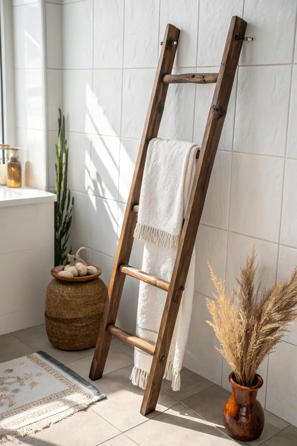 Dark-stained rustic towel ladder—simple 2x2 build that turns storage into decor.