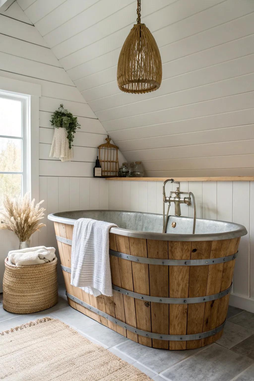 A galvanized stock tank tub elevated with a reclaimed-wood skirt—rustic, minimal, and bold.