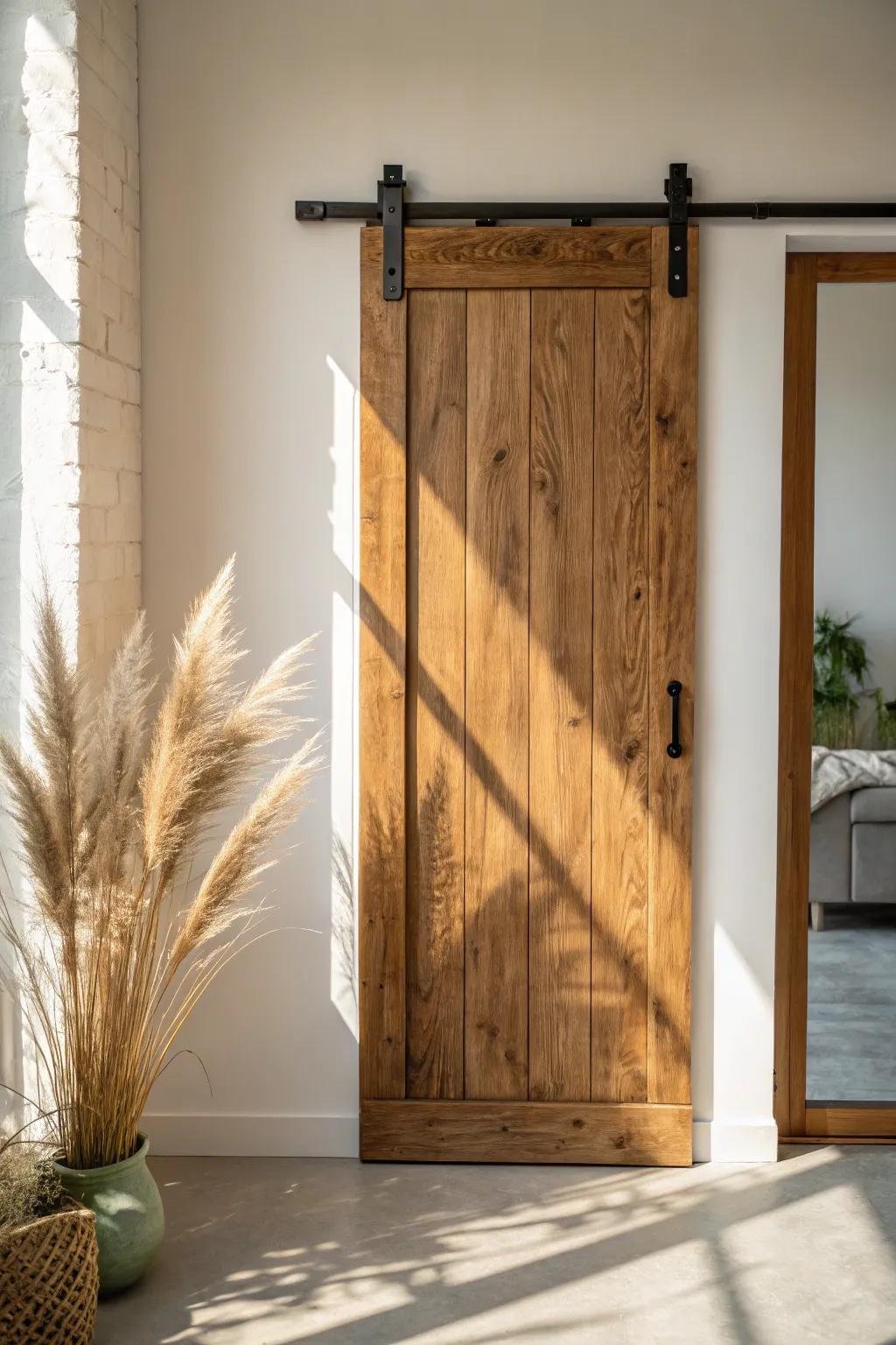 A handcrafted barn door with quiet glide—rustic warmth that saves space in a couple’s bedroom.