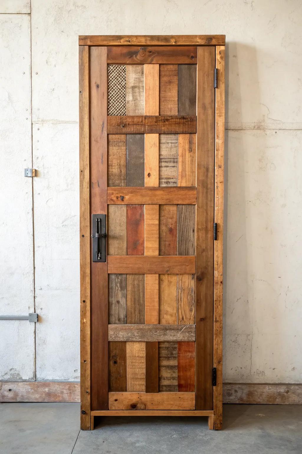 Patchwork reclaimed wood cabinet door—warm tones, crisp lines, and handmade character.