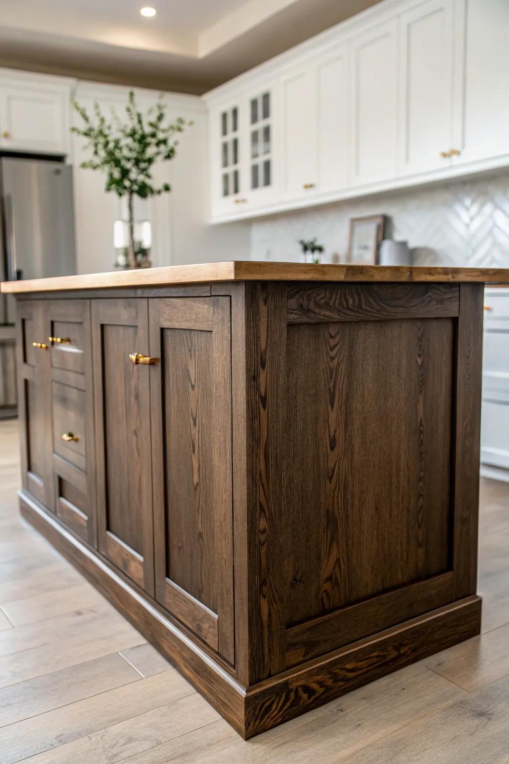 Natural oak surrounds a moody stained island—rustic warmth with clean Scandinavian contrast.