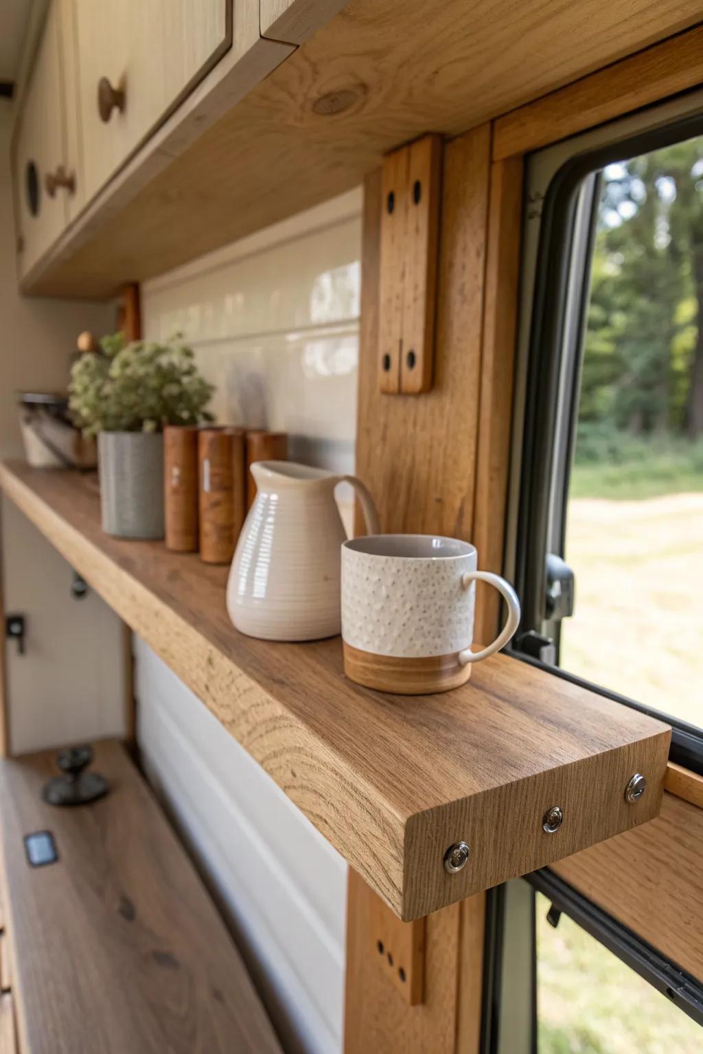 Airy camper kitchen: handcrafted floating shelf with wood cleats and a travel-safe lip.