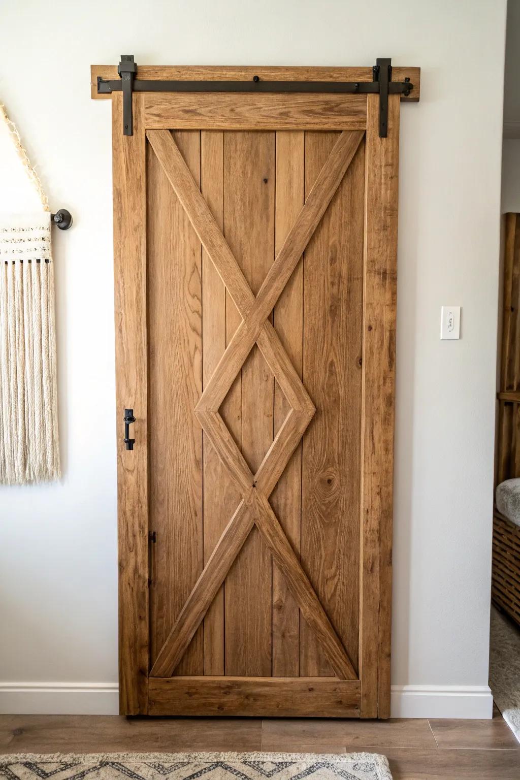 Warm walnut X-brace closet door—farmhouse charm with clean Scandinavian contrast.