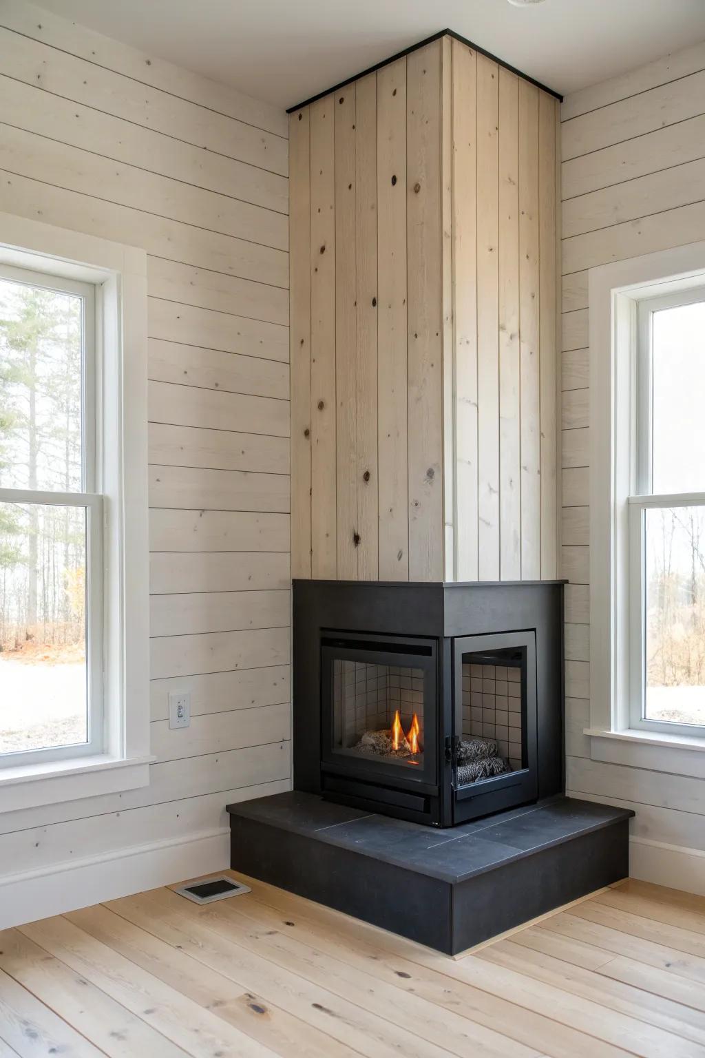 Vertical wood shiplap turns a simple corner firebox into a tall, rustic focal point.