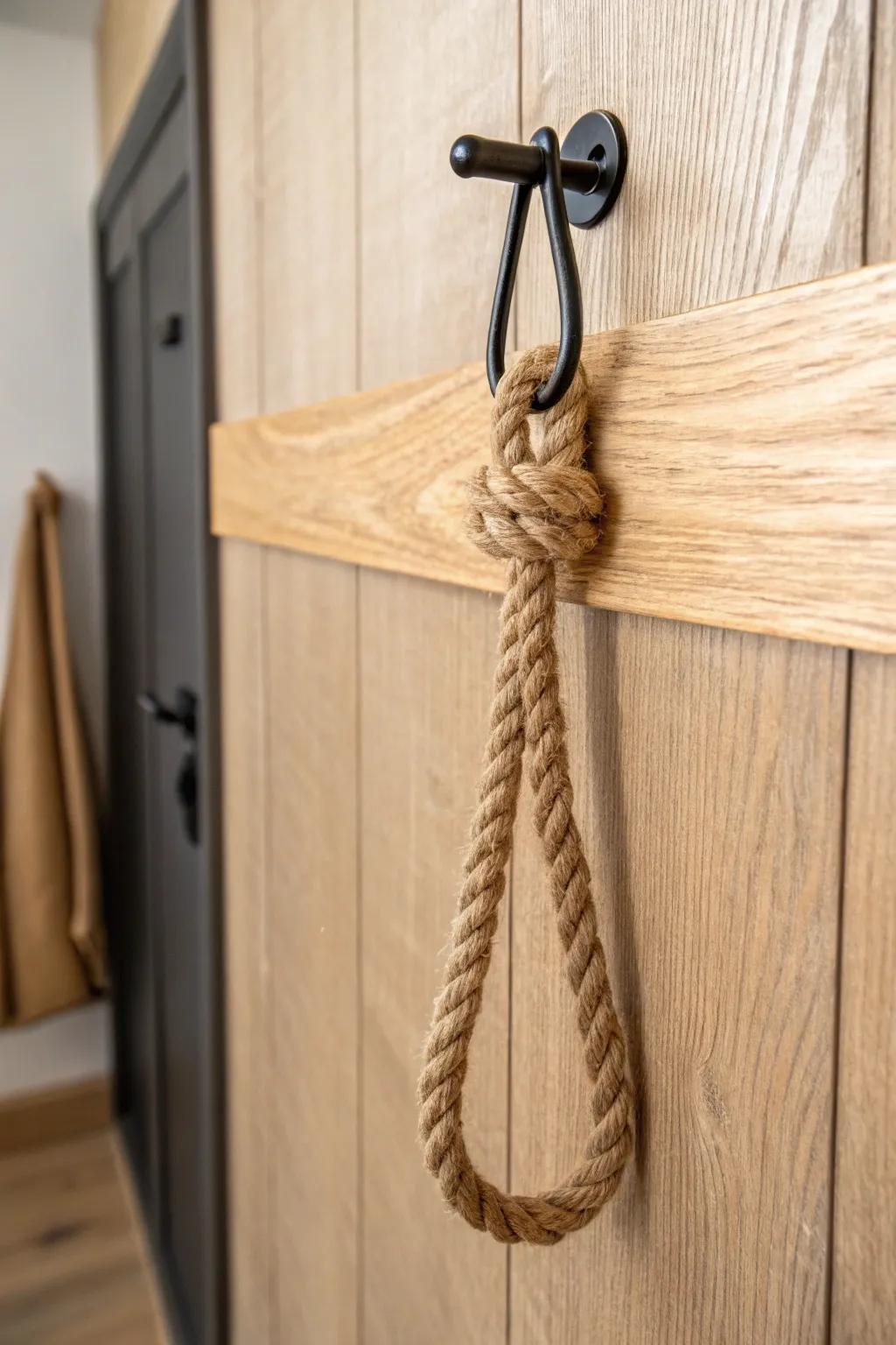 Rustic meets minimal: a black wall hook and chunky rope loop for an indestructible tie-back.
