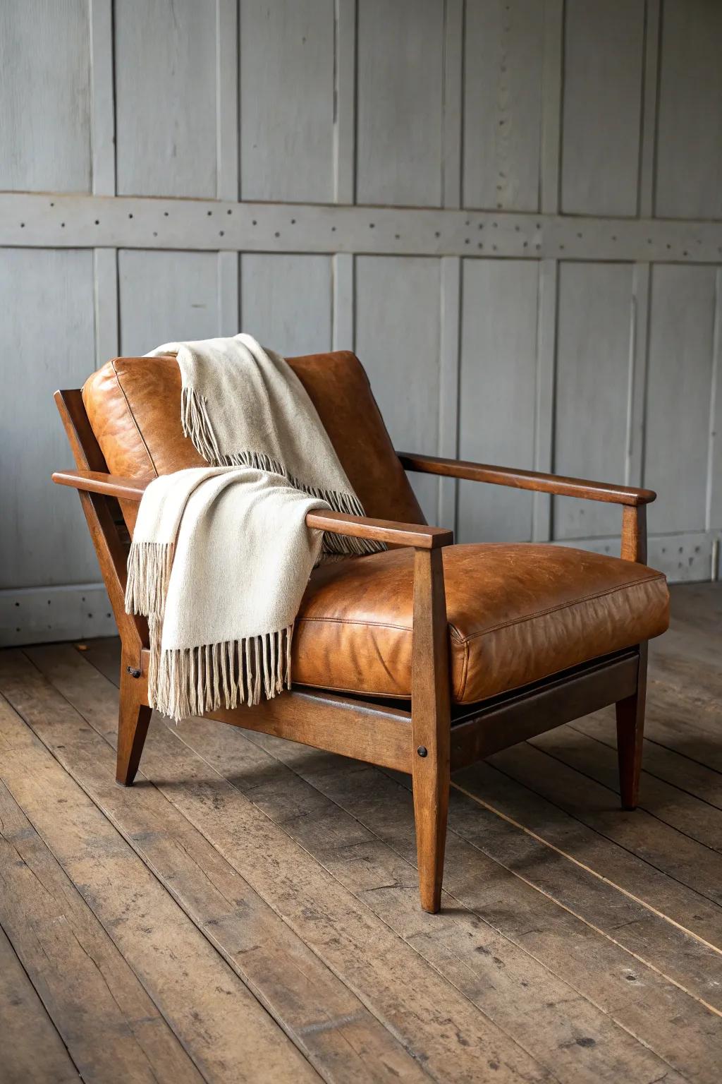 Rustic den staple: a worn-in leather chair topped with a chunky wool throw for instant coziness.