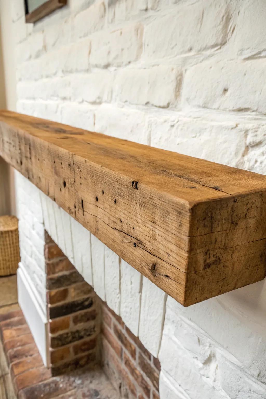 Thick reclaimed wood mantel—bold grain, honest saw marks, and rustic warmth in one piece.