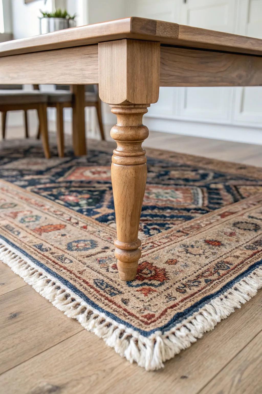 Layer a vintage rug under your rustic wood table for warmth, texture, and crumb-friendly style.
