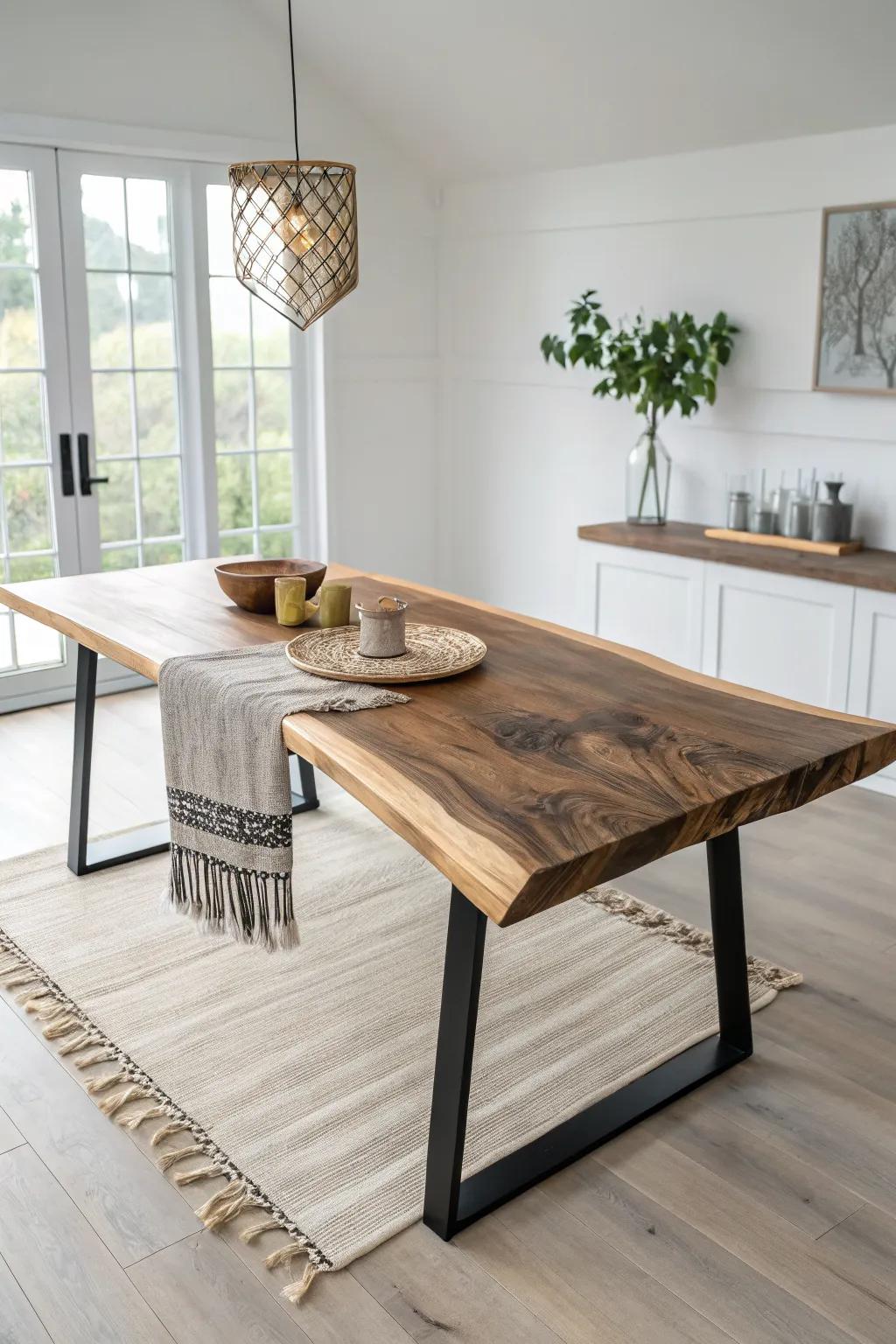 A live-edge slab table that lets bold walnut grain steal the spotlight in a calm, modern room.