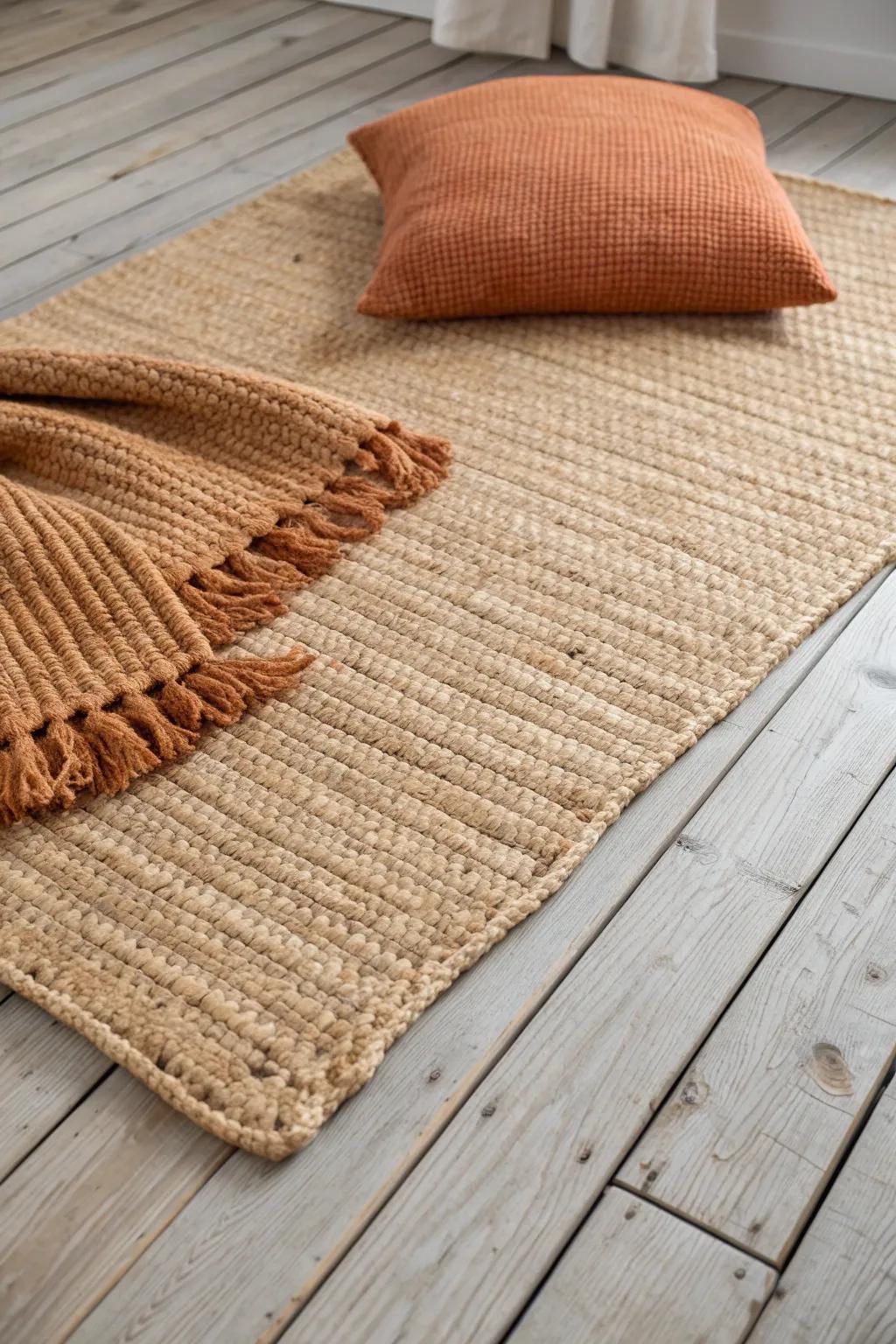 Cozy earth-tone layering: jute rug texture with chunky knit, clay accents, pale oak floors.