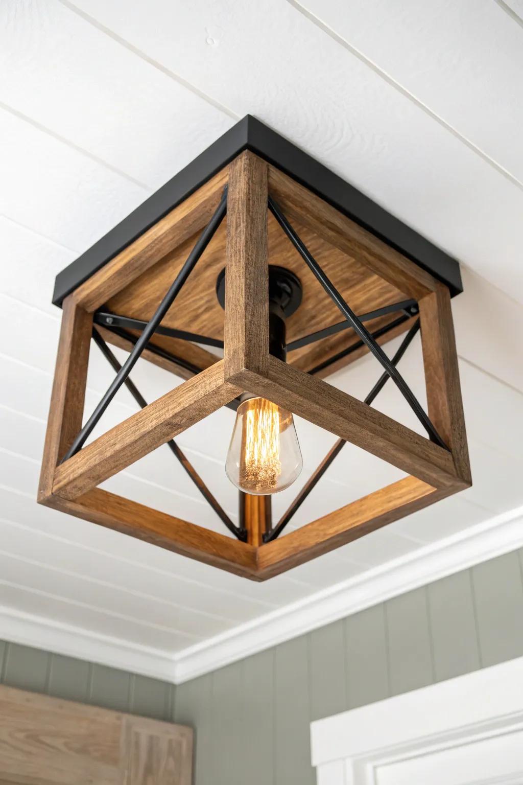 Square crate flush-mount: matte black frame + warm oak slats for rustic modern charm.
