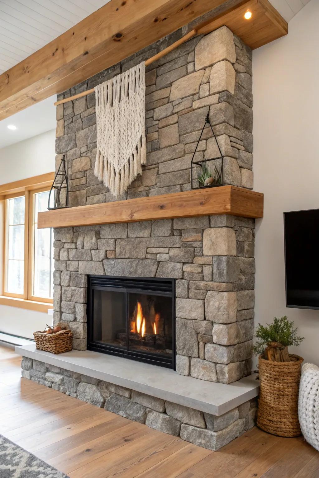 A stone fireplace with a chunky wood mantel turns game nights into a cozy retreat.