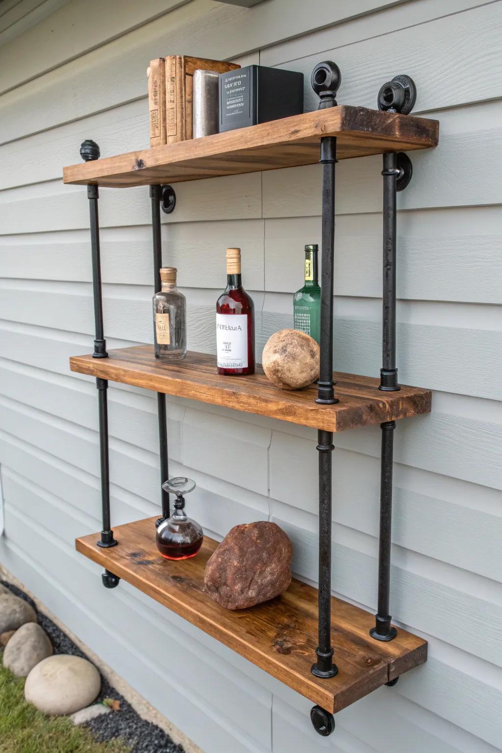 Rustic pipe-and-plank backbar shelving: warm wood, matte black iron, and bold bottle contrast.