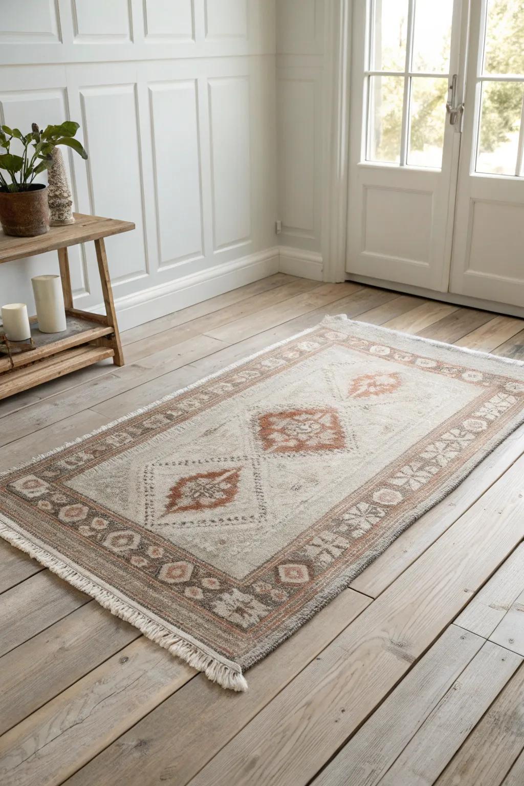 Cozy depth with layered grey and faded brown rugs—an easy rustic zone on warm oak floors.
