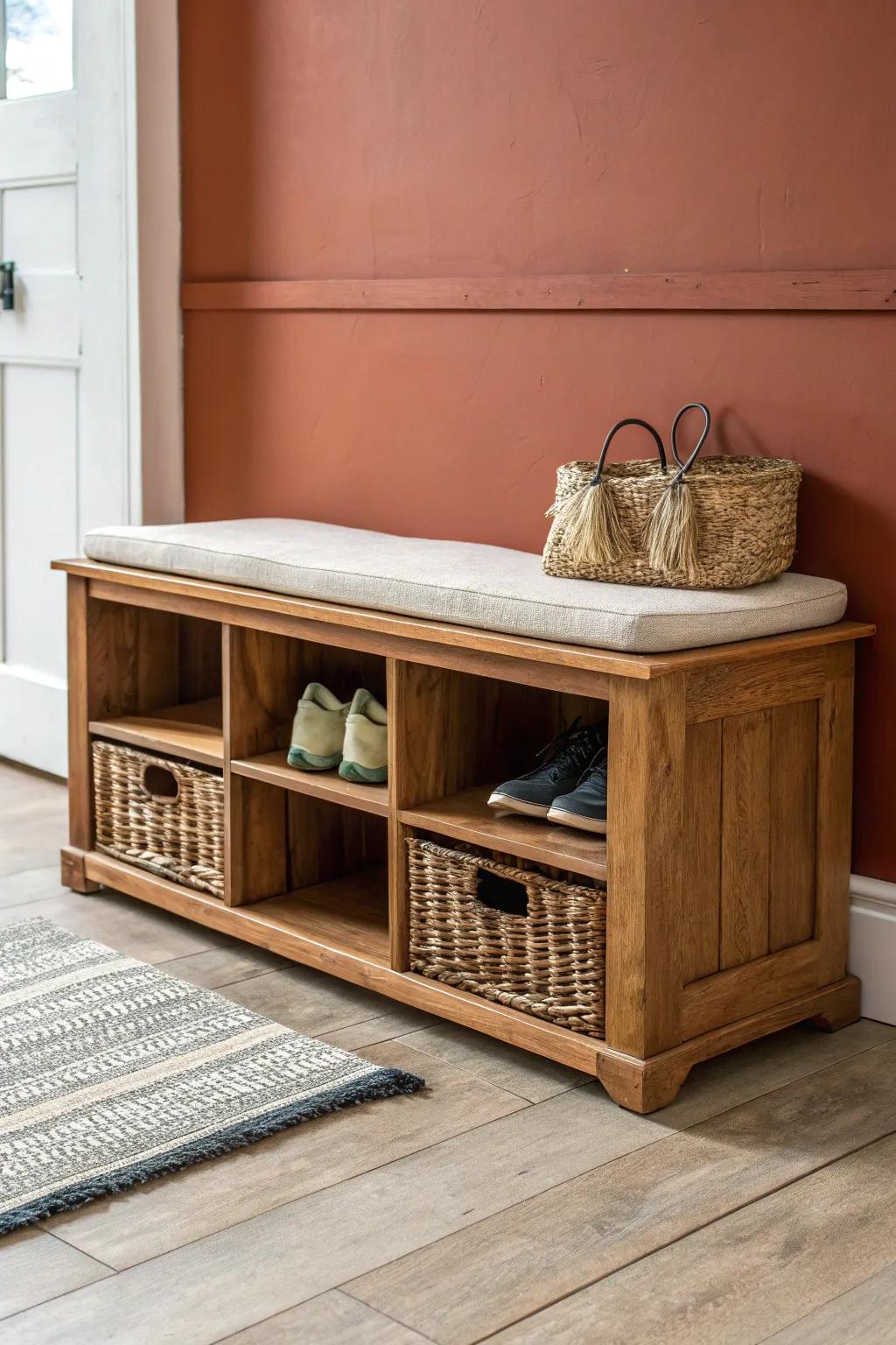 Rustic bench with open cubbies—warm wood, cozy cushion, and tidy baskets for shoes.