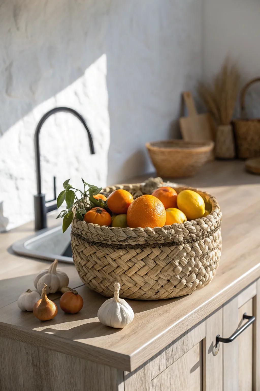 A chunky woven basket centerpiece for instant rustic warmth—texture, color, and function.