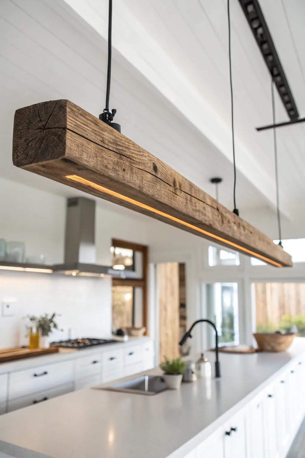 Reclaimed-wood linear pendant: tailored, even light for long islands with rustic warmth.