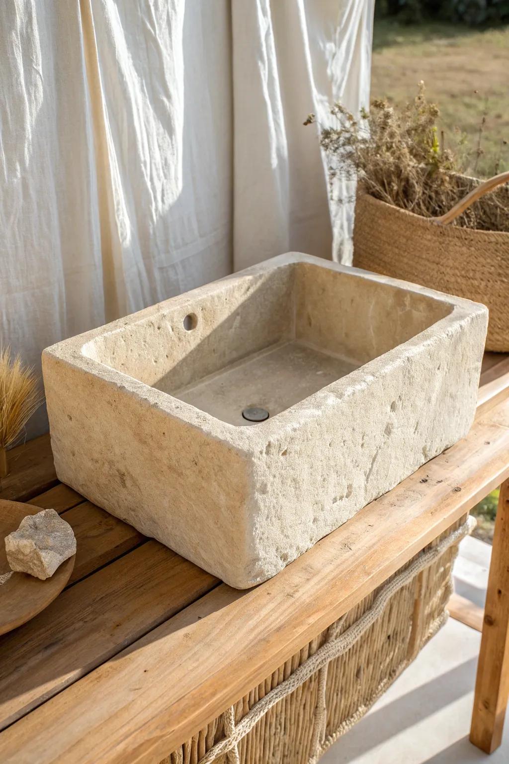 Chunky honed stone sink with tool-mark texture—minimalist, rustic, and built to last.