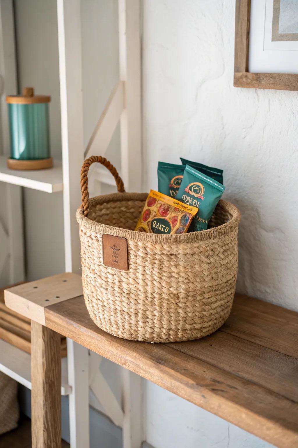 Woven baskets create instant pantry zones—rustic, tidy, and beautiful on warm wood shelves.