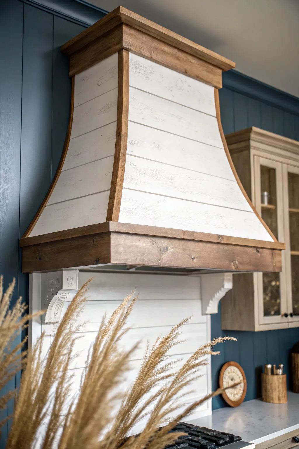 Vertical shiplap hood face: rustic rhythm, clean lines, warm walnut trim, and bold contrast.