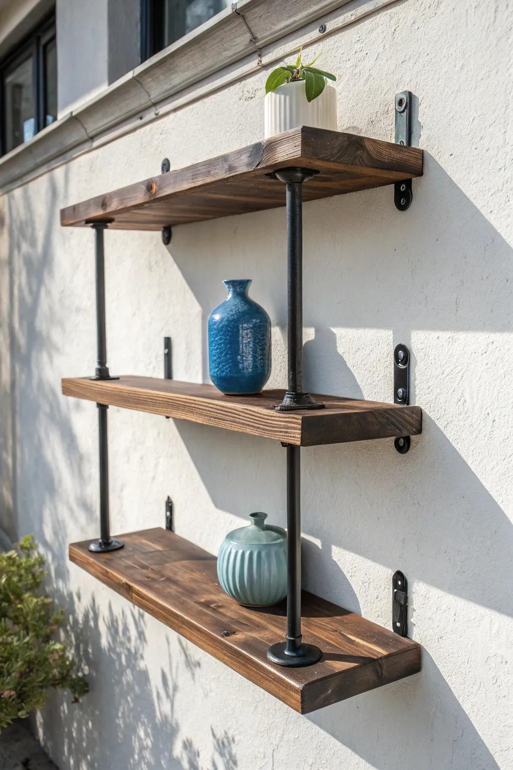 Pipe-and-plank shelving: dark wood + black iron for a rugged, retail-ready statement.