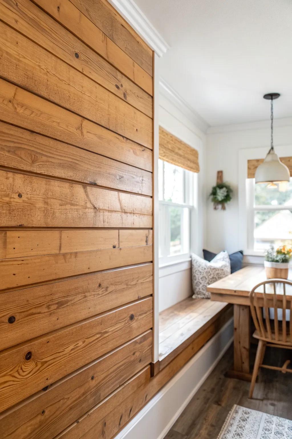 Honey-toned shiplap turns a simple kitchen nook into a rustic, café-style feature wall.