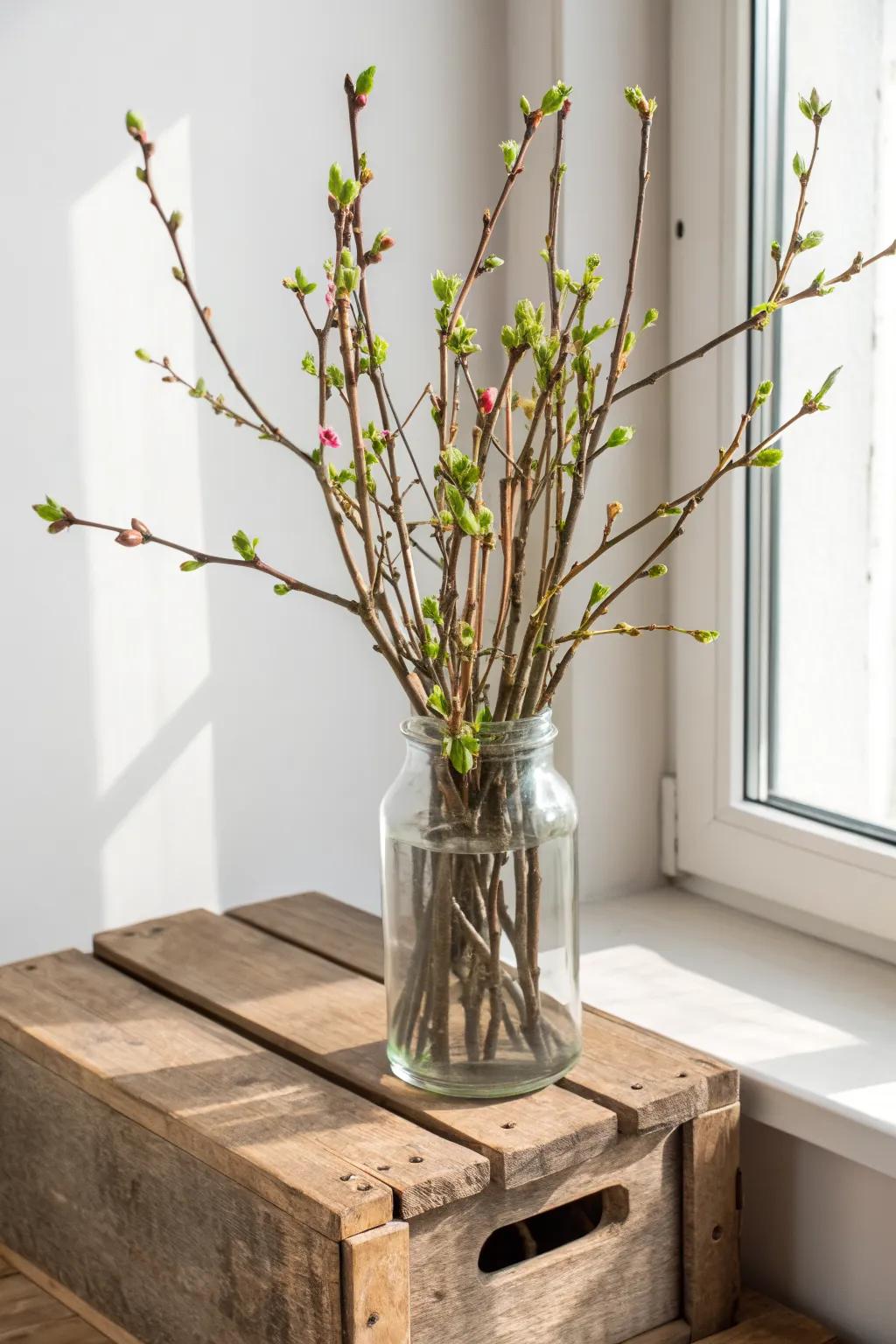 First spring buds in a vintage wood crate—simple, rustic, and quietly stunning on a shelf.