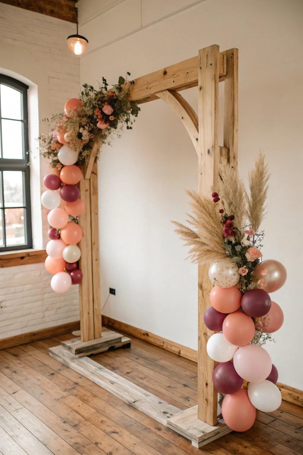 Rustic wood frame balloon garland—Sweet 16 photo backdrop with bold boho color contrast.