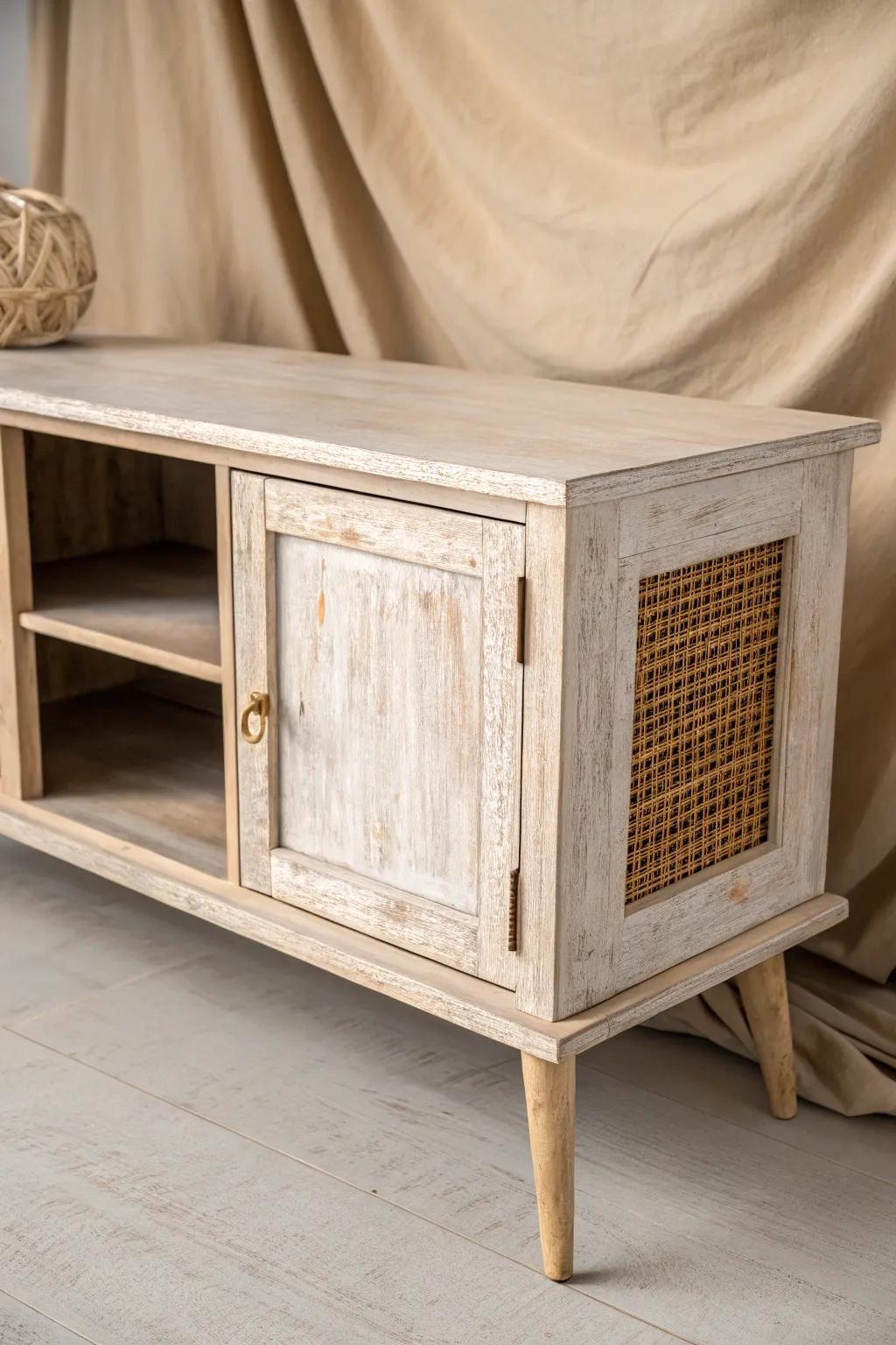 Distressed whitewash TV stand—bright, airy, and rustic with beautifully worn wood edges.