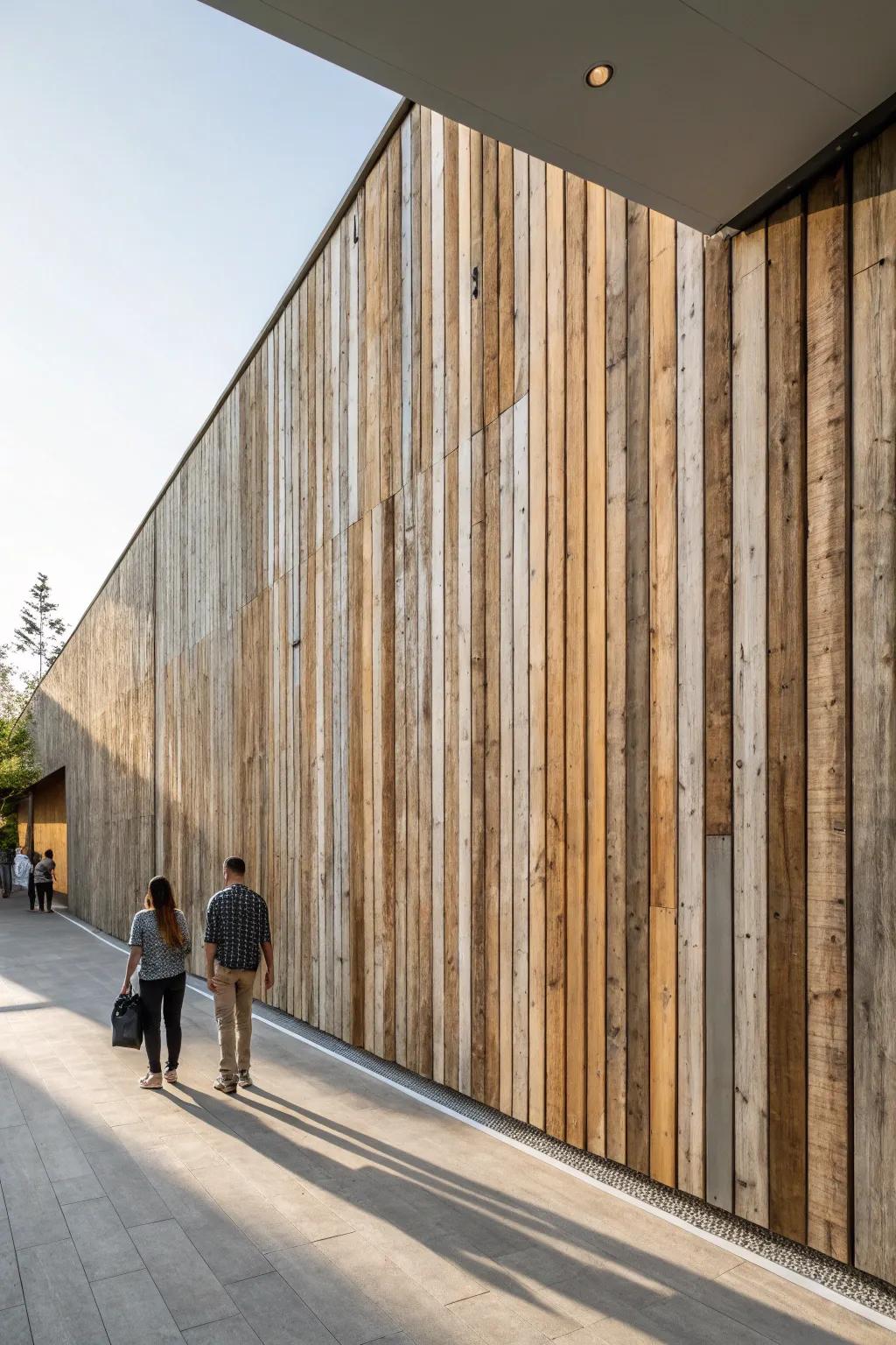 Weathered wood slats with uneven stain create modern lines and a cozy rustic backdrop.