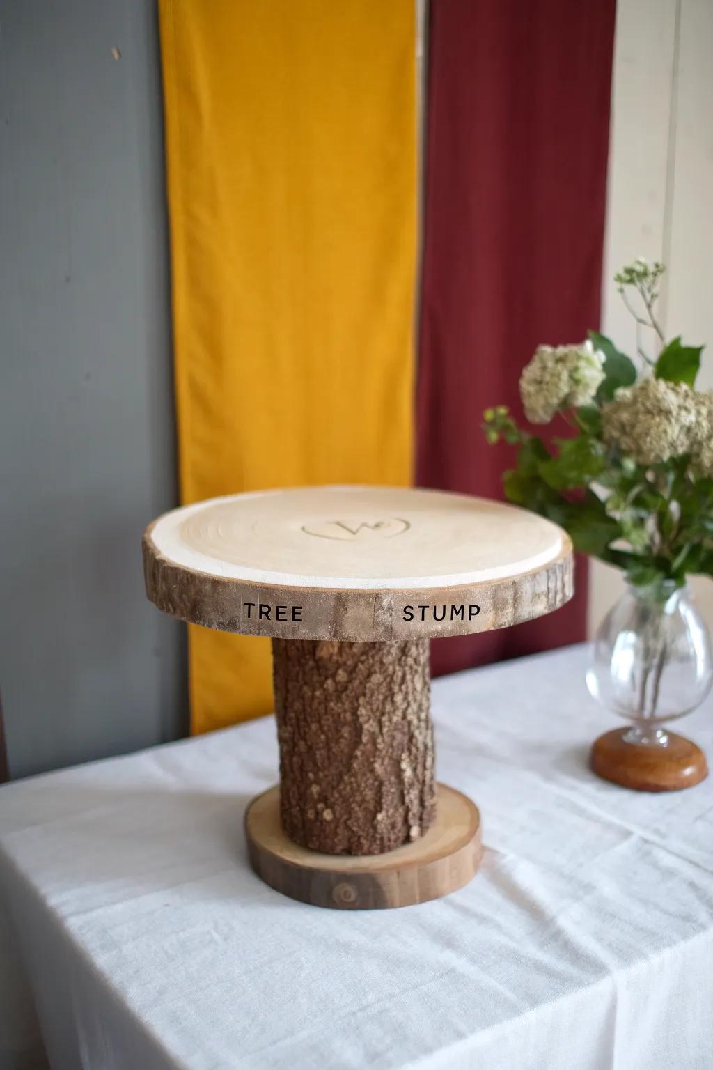 A tree stump pedestal with carved initials—rustic, minimal, and perfect for the main cake.