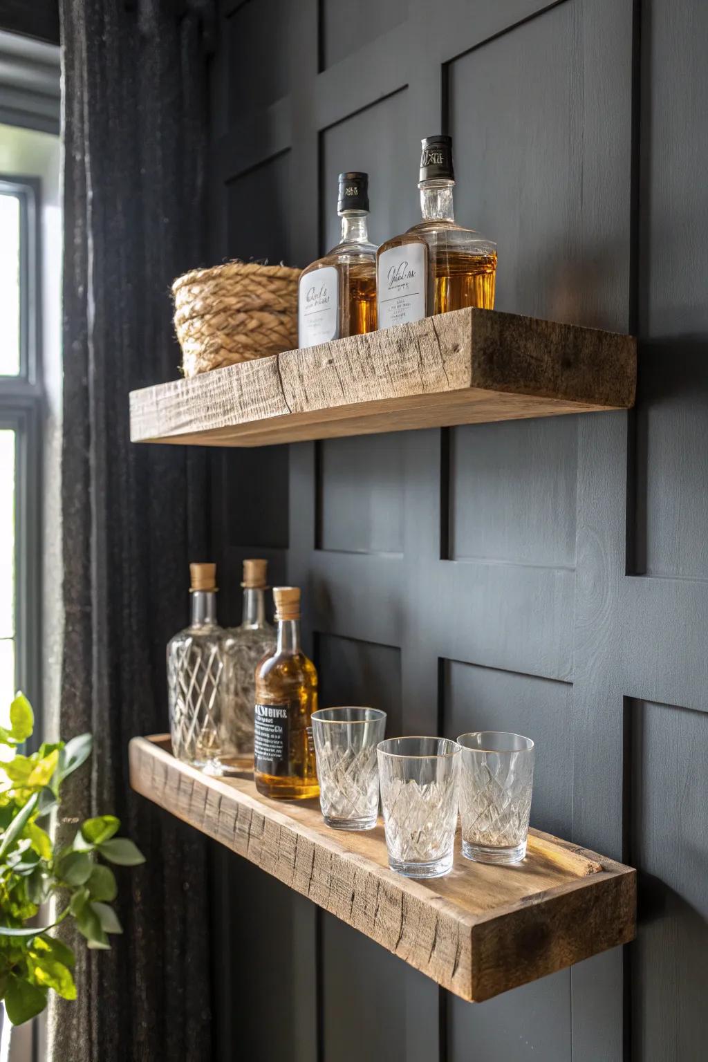 Chunky floating wood shelves on a dark wall—rustic wet bar storage that looks curated.