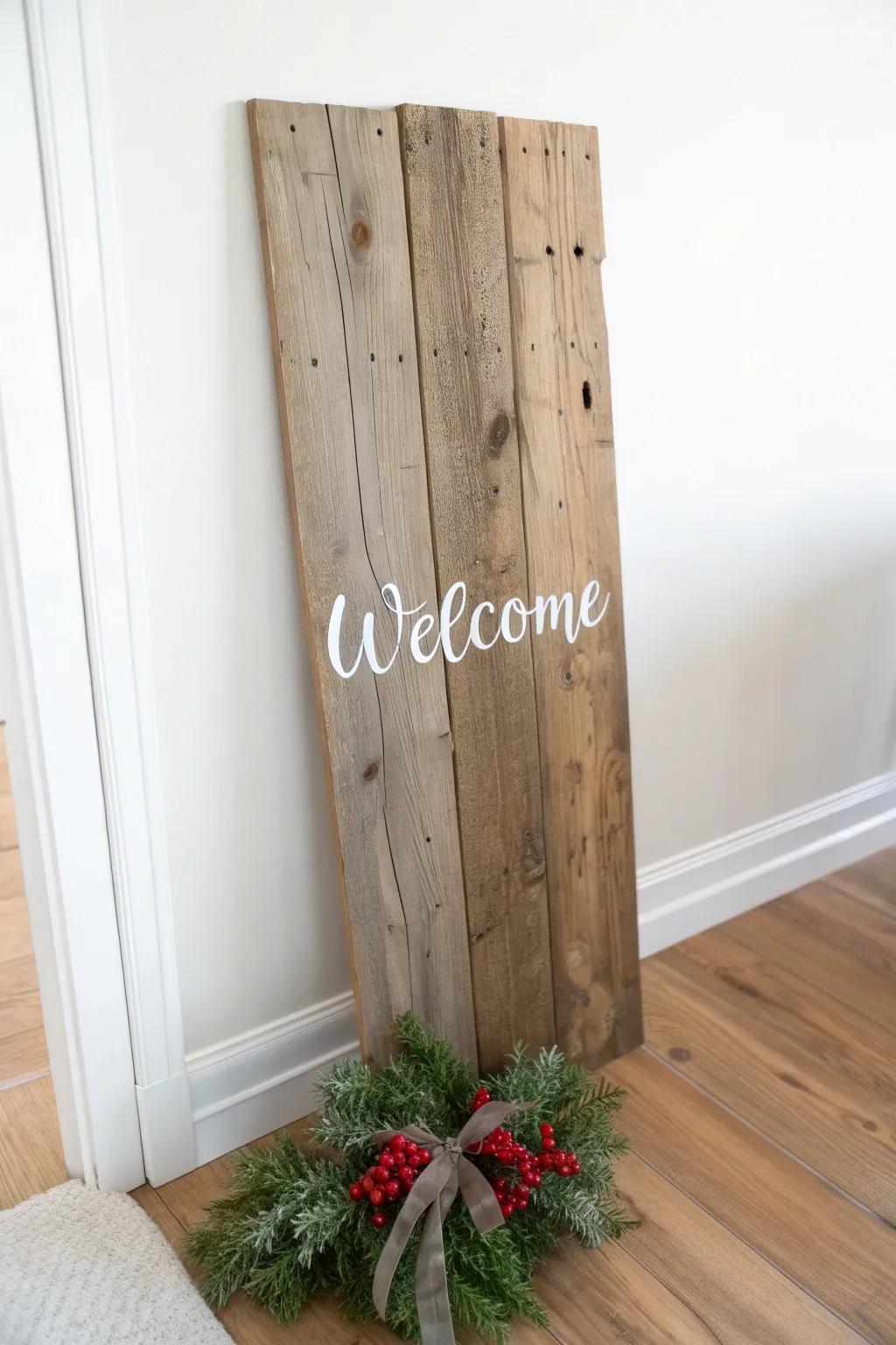 Weathered barn-wood welcome sign with winter greenery—minimal, warm, and perfectly rustic.